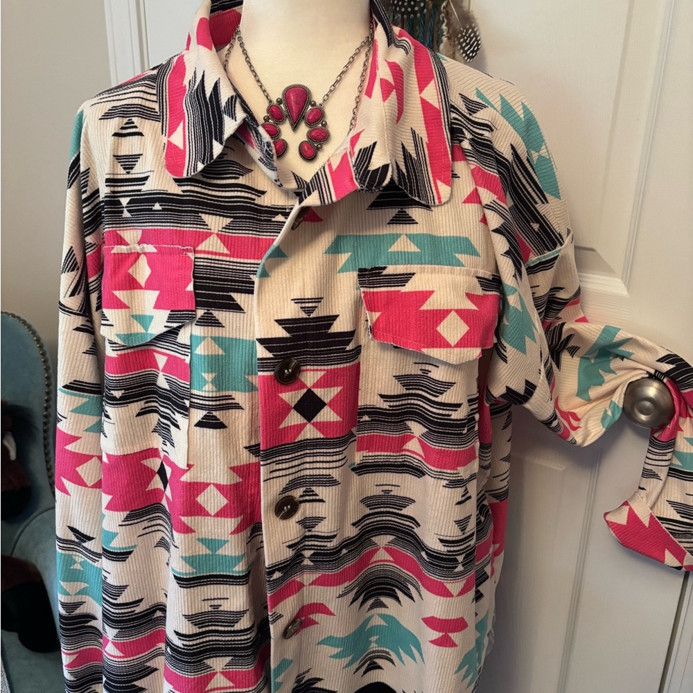 Aztec Print Button-Up Shirt with Pink & Teal Accents